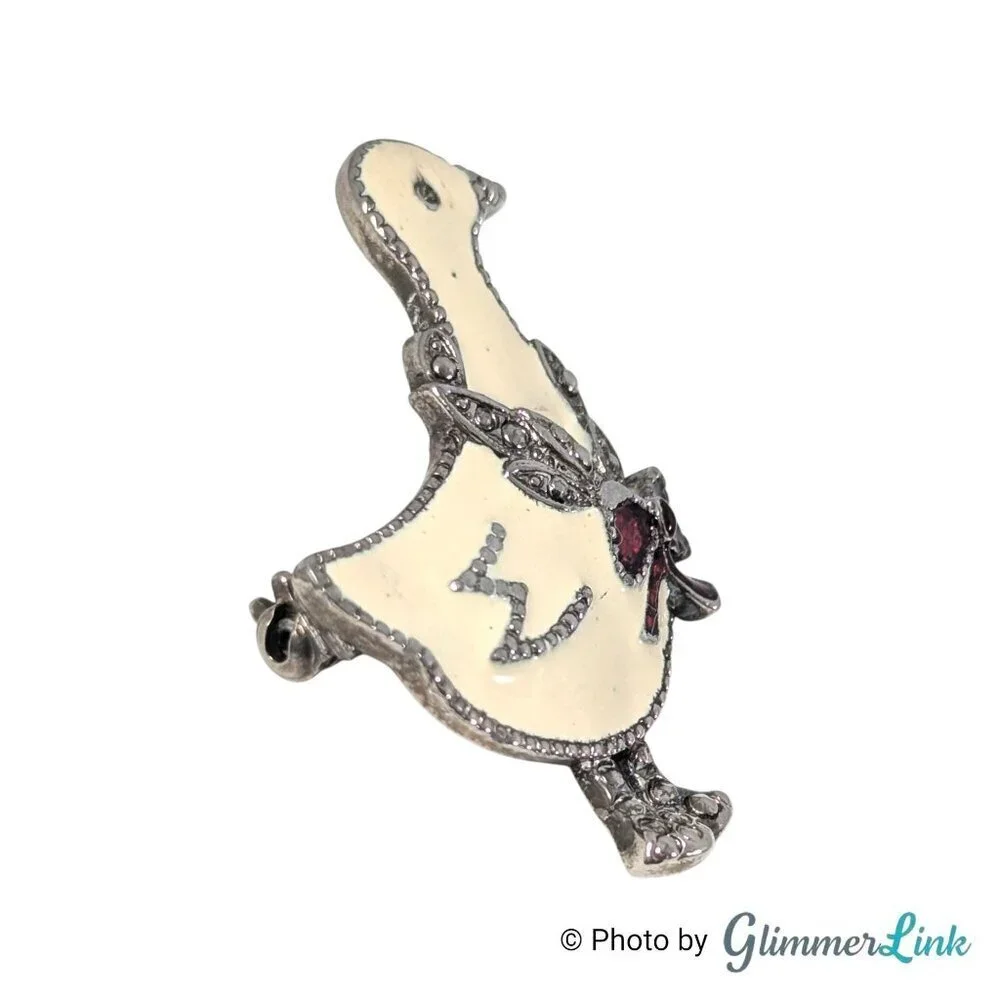 Vintage Lia Duck Brooch – White Enamel Goose Pin with Red Bow & Marcasite Accent
